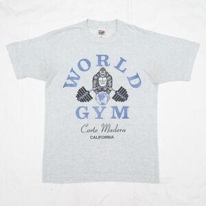 Vintage 1996 World Gym Corte Madera CA Double Sided Tshirt Gray Bodybuilding